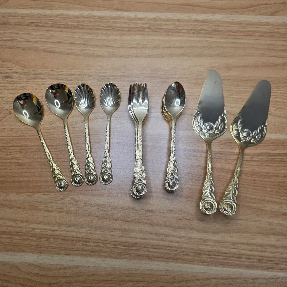 Vintage Rostfrei Esmeyer Gold‎ Electroplate Rose Handled Dessert Set 30 Pieces